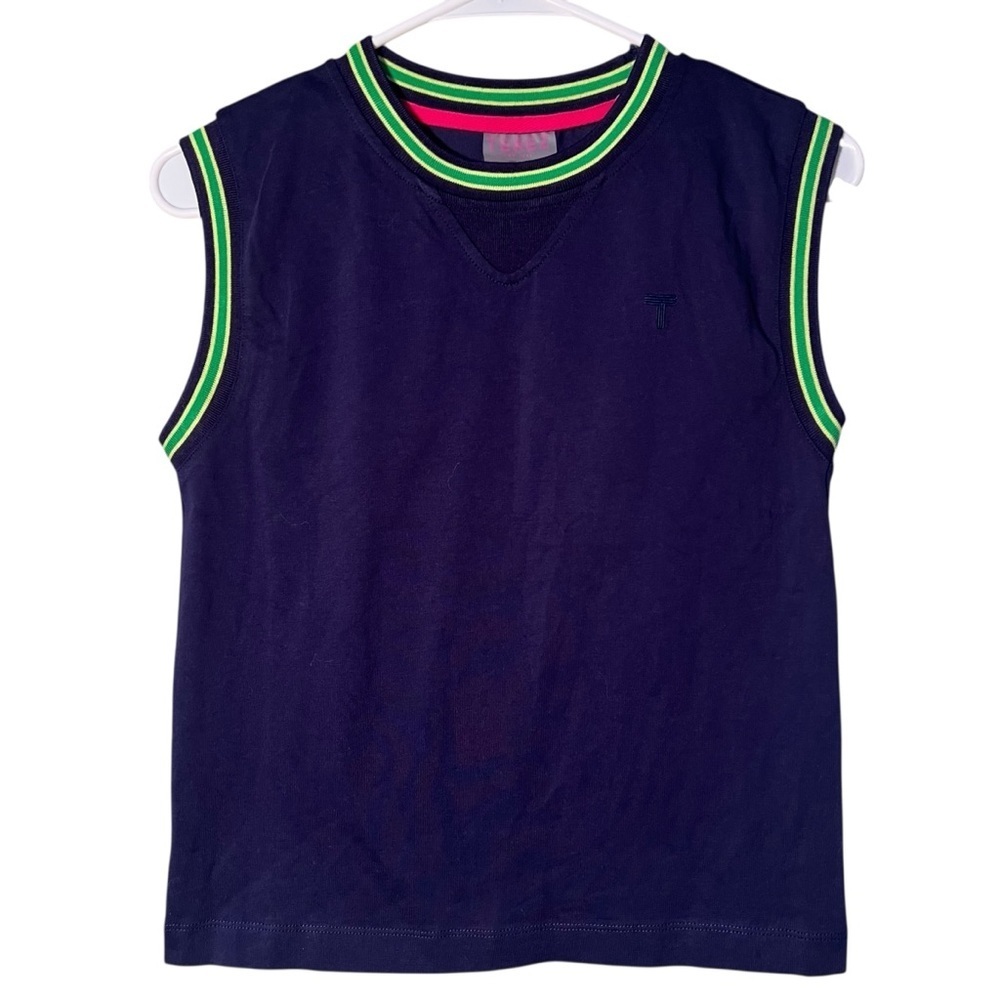 Terez Women's Size XXS Tank Top Navy Blue Lime Green Trim Crewneck Boxy Cotton